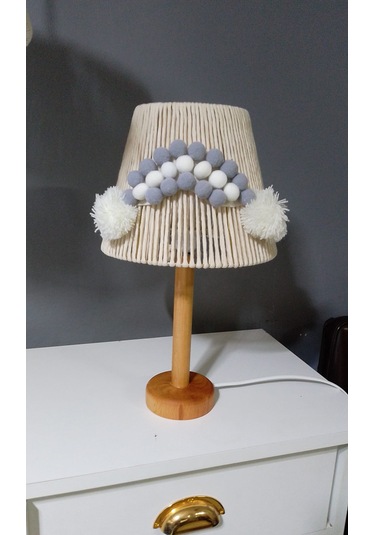 Ekru Makrome Avize Abajur Set Çocuk Odası Avize Bebek Odası Avize Ponpon Gökkuşağı Ekru