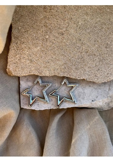 Taşlı Gümüş Renkli Yıldız Küpe Çok Renkli