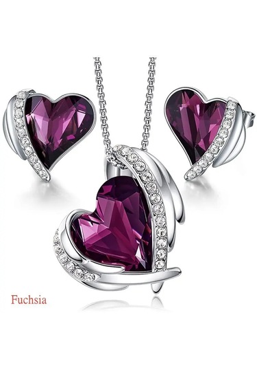 Trend Renkli Taşlı, Zirkon Taş İşlemeli Kalp Takı Seti Kolye Küpe , Yeni Yıl, Mor