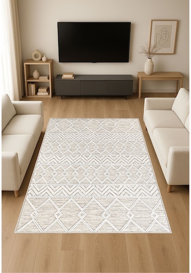 Beyaz Dijital Baskı Salon Halısı Kaymaz Tabanlı Yıkanabilir Halı Yolluk 513 Beyaz