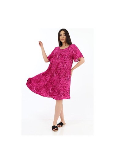 Schık Kadın Viskon Yarım Kol Kare Yaka Elbise Magenta Fuşya