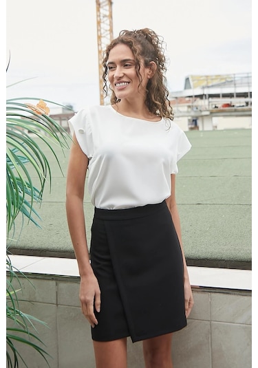 Kadın Hafif Likralı Kumaş Yüksek Bel Anvelop Kruvaze Hafif Mini Kalem Etek-siyah Siyah