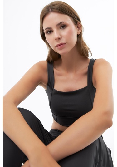 Füme Kare Yaka Crop Top Büstiyer Füme