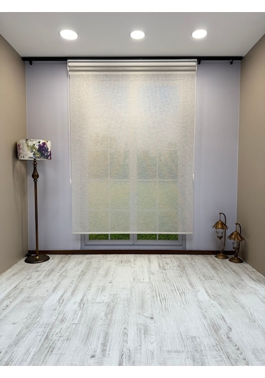 Çift Mekanizmalı Açık Gri Çizgili Desenli Tül Ve Beyaz Mat Stor Perde Gri