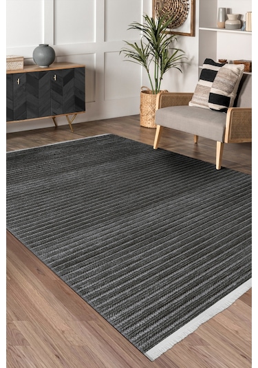 Lidya Antrasit Pamuk Dokuma Yumuşak Halı Kaymaz Tabanlı, Yıkanabilen Modern Tasarımlı Kilim Antrasit