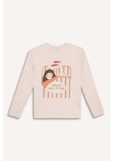 Defacto Kız Çocuk Pijama Takımı Baskılı Uzun Kollu Üst Çizgili Uzun Alt F6233a825wnpn70 Pembe