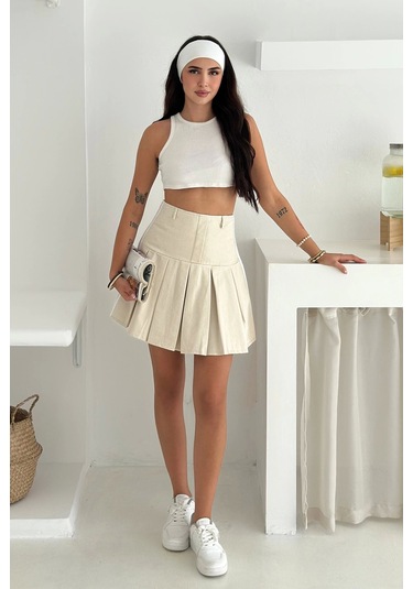 Piliseli Gizli Fermuar Detaylı Etek Krem