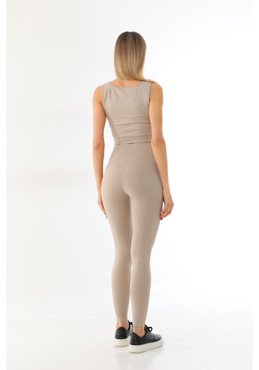 Kallima Bej Toparlayıcı Yüksek Bel Fitilli Spor Tayt-crop Takım