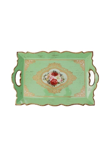 Ancel Su Yeşili Renkli Elcikli Çatlatma Ahşap Tepsi 42.5X28 CM Hk