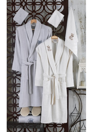 Güvenal Rüya 10 Parça Nakışlı Bornoz Seti | Bornoz Takımı Krem - Gri