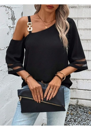 Kadın Askılı Asimetrik Kesim Kol Ve Yaka Kolda Tül Ve Aksesuar Detaylı Janjan Krep Bluz Karışık