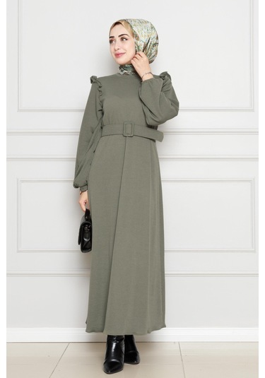 Omuzu Fırfır Kemerli Elbise-haki-4563 Haki