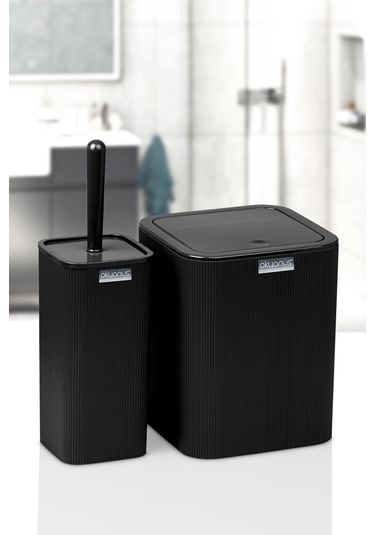 Okyanus Home Mina Siyah Çizgili Kare 2'li Wc Kova Ve Fırça Seti Siyah