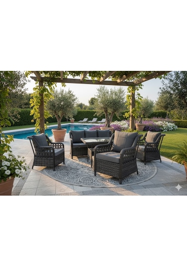 Lüks Rattan Oturma Ve Yemek Seti 7 Kişilik - Bahçe/balkon Antrasit