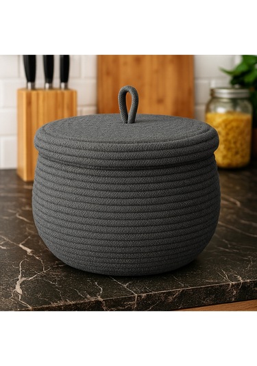 Mutfak, Banyo Ve Ev İçin Halat Hasır Sepet 17x21 Cm Kapaklı Saklama Sepeti Honeypot Antrasit