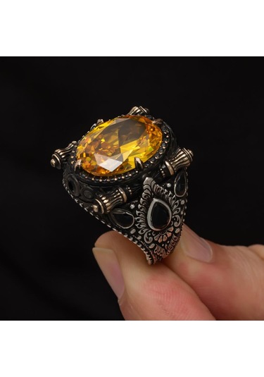 Sarı Sitrin Taşlı 925 Gümüş Erkek Yüzük Beyaz