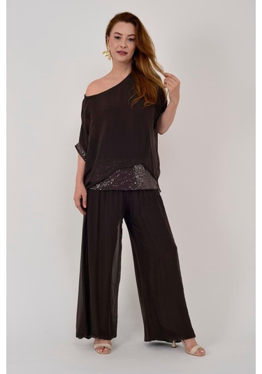 İtalyan Yarasa Kollu Payetli İpek Bluz-9248 Kahverengi