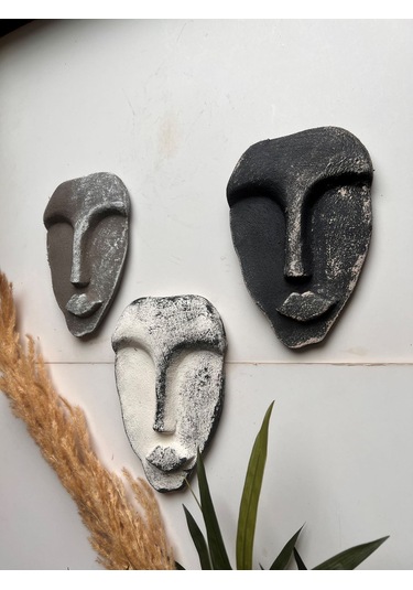 El Yapımı Taş Heykel Soyut Yüz Maske 3'li Set, Modern Beton, Eskitme Taş Görünümlü Duvar Dekor
