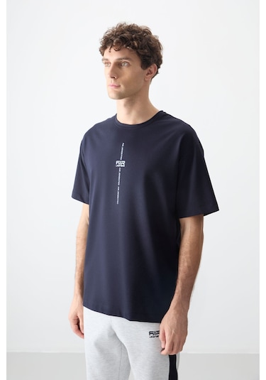 Tommy Life Lacivert Pamuklu Kalın Yumuşak Dokulu Oversize Fit Baskılı Erkek T-shirt - 88373 Lacivert