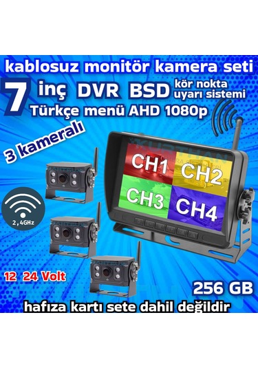 3 Adet Kablosuz Kamera Ahd 1080p 7 İnç Dvr Monitör Bsd Kör Nokta Sistemli 12 24 V