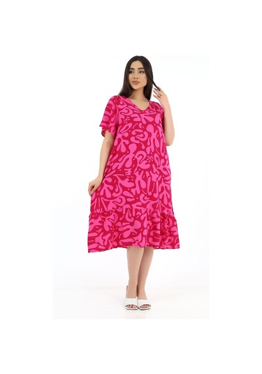 Schık Kadın Viskon Yarım Kol V Yaka Cepli Fırfırlı Elbise Fuşya Fuşya