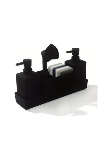 Motion003 6 Adet Mat Siyah Çift Sabunluklu Sünger Tutucu Ve Bulaşık Fırçası İle Alt Depolama Drenajlı Mutfak Lavabosu Veya Banyo İçin Modern Minimalist Tasarım Siyah Siyah