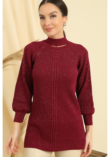 Boyun Dekolteli Saç Örgülü Desen Büyük Beden Spor Tunik Kazak-35200 - Mürdüm