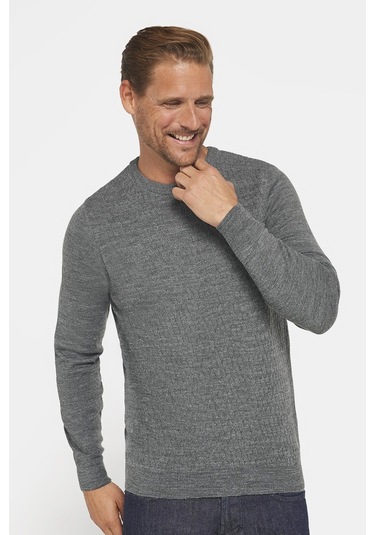 Slim Fit Bisiklet Yaka Kendinden Desenli Gri Erkek Triko Kazak-29577-gri Gri