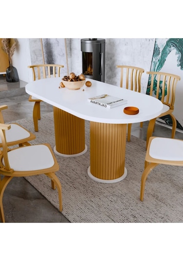 Ada 90x170 Oval Yemek Masası & Mutfak Masası & Salon Masası Masa Beyaz - Ceviz
