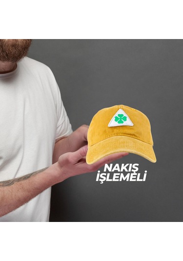 Perlotus Vintage Yıkamalı Pamuk Şapka Dört Yapraklı Yonca Nakışlı Sarı Sarı