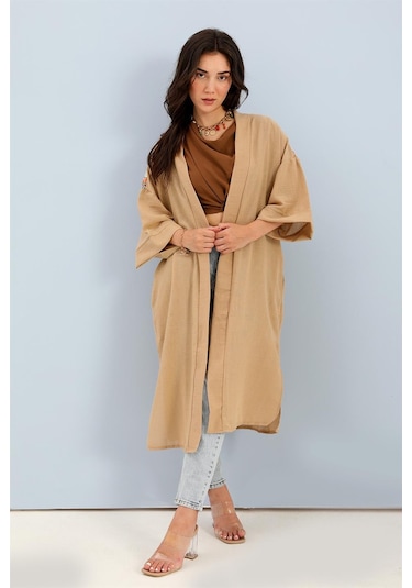Wpr Kimono Arkası Baskılı Püsküllü Keten - Vizon-vizon Vizon