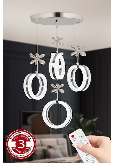 3 Renk Kumandalı Krom Kasa Yüzük Led Avize 4 Lü Modern Ledli Aviz