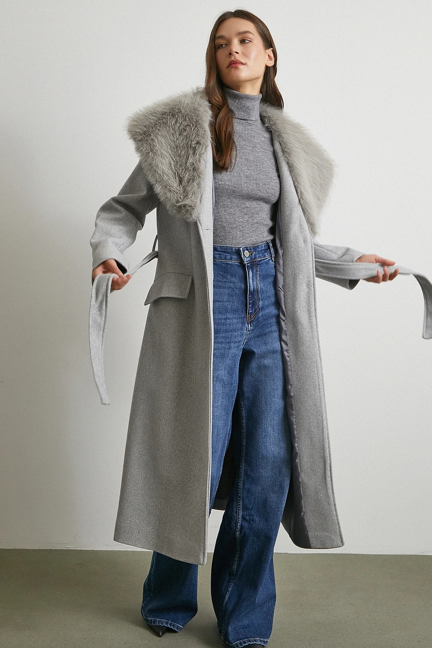 Kürk Yaka Kuşaklı Kaşe Kaban Gri Gri