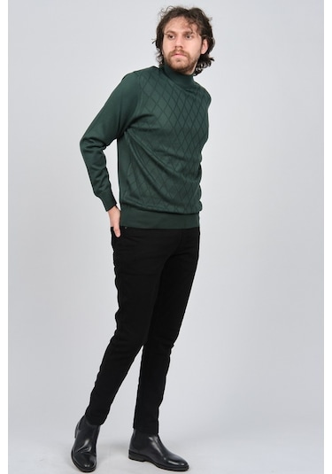 Pave Erkek Yarım Balıkçı Baklava Desenli Yün Kazak 4537220 Yeşil Yeşil