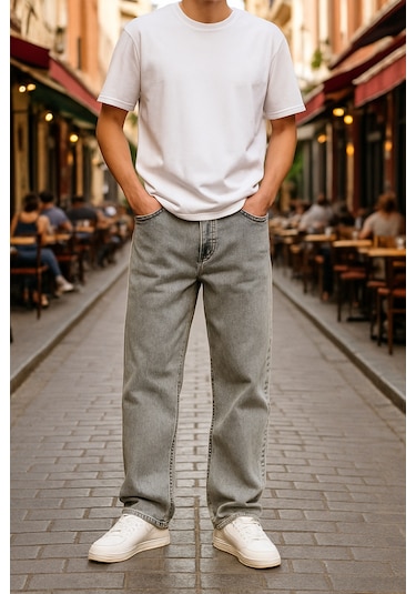 Baggy Gri Renk Rahat Kesim Erkek Jeans Pantolon-1792 Gri