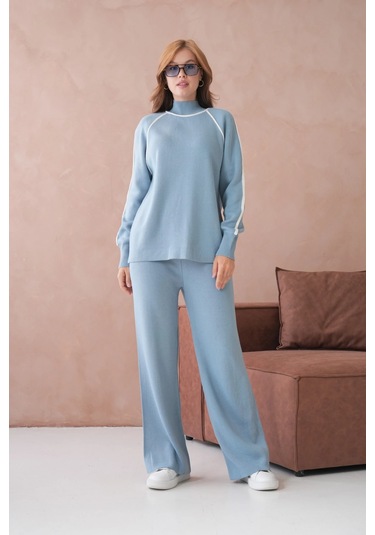 Kadın Dik Yaka Kazak Pantolon İkili Triko Takım Açık Mavi