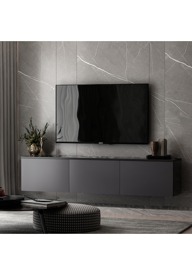 Neon 3 Kapaklı Duvara Monte Tv Ünitesi, Tv Sehpası Antrasit Mermer Desen - Antrasit Antrasit