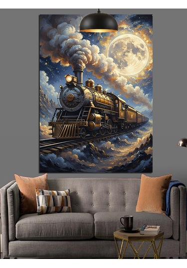 Gece,dolunay Ve Retro Kara Tren Dekoratif Kanvas - Mdf Ahşap Tablo