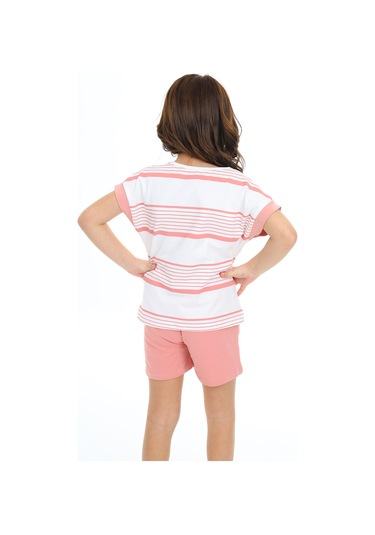 Toontoy Kız Çocuk Çizgili Kalp Nakışlı Şortlu Takım Koyu Pudra