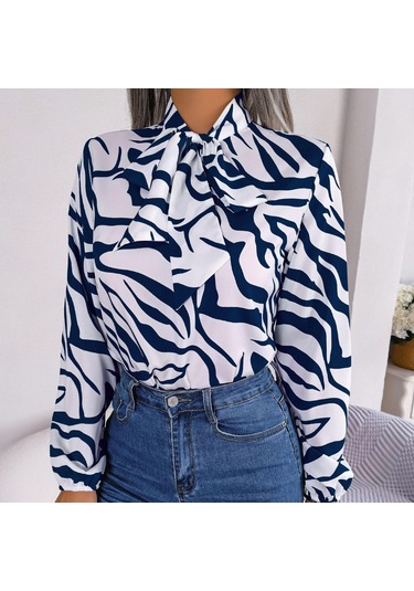 Gmxıa Kadın Modası Rahat Yaz Uzun Kollu V Yaka Bluzlar Ve Mizaç Kontrast Renkli Çizgili Şifon Gömlek Fener Kollu Gömlekler Lacivert