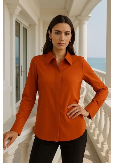 Kadın Kiremit Gizli Düğme Detaylı Slim Fit Trend Krep Gömlek Çok Renkli