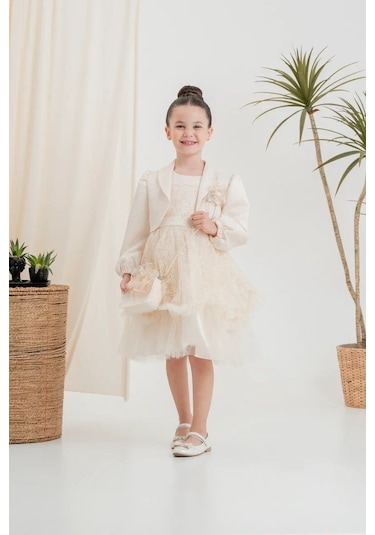 Kız Çocuk Elbise Ceketli Tüllü Çantalı Ekru