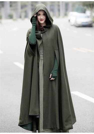 Novahub Yeşil Sonbahar Kış Gotik Trendy Maxi Kapşonlu Yün Pelerin Hırka Ceket Maxi Kaşmir Hoodie Uzun Pelerin Kostüm Cosplay Giyim Yeşil - L Yeşil