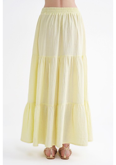 4567 Kadın Fırfırlı Uzun Müslin Etek Pastel Sarısı Pastel Sarısı