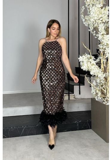 Ges Moda G1276 Otriş Ve Askı Detaylı Payet Tasarım Elbise Bronz Bronz