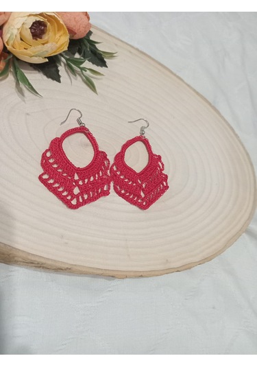 Golden Takış Modern El İşi Örgü Küpe Kırmızı