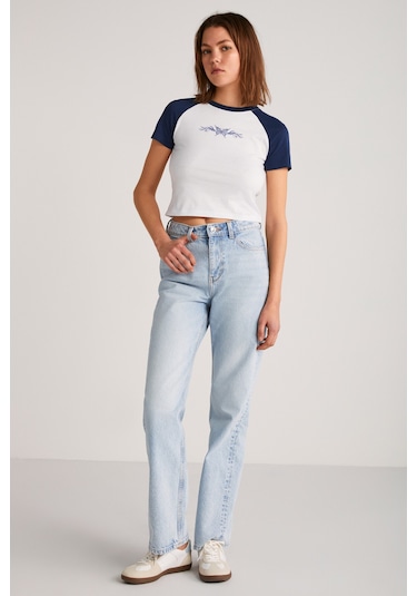 Ethıquet VANE Kadın %100 Pamuk Crop Beyaz/Navy T-Shirt