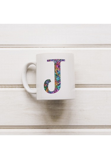 J Harfi Bardak 330 Ml İsme/harfe Özel Hediye, Renkli Harf Tasarım Beyaz