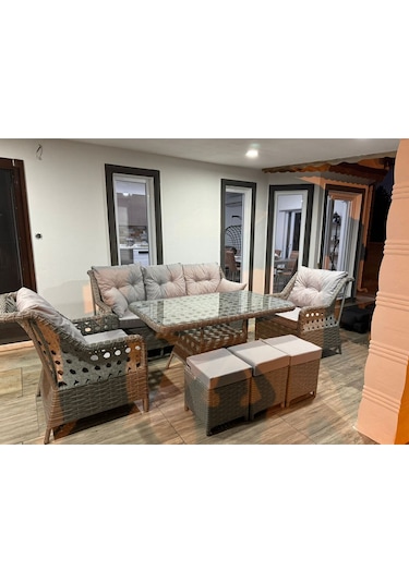 Neps Metal Rattan Bahçe Takımı 3+1+1, 2 Adet Puf Orta Masa Açık Gri