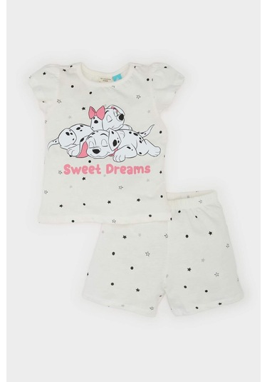 DeFacto Kız Bebek 101 Dalmatians Pijama Takımı Kısa Kollu Penye Üst Beli Lastikli Şort E4616A525SMWT47 Beyaz